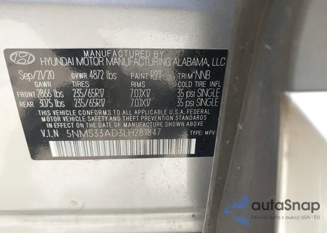 2020 Hyundai Santa Fe Sel from USA, damaged, VIN 5NMS33AD3LH281847